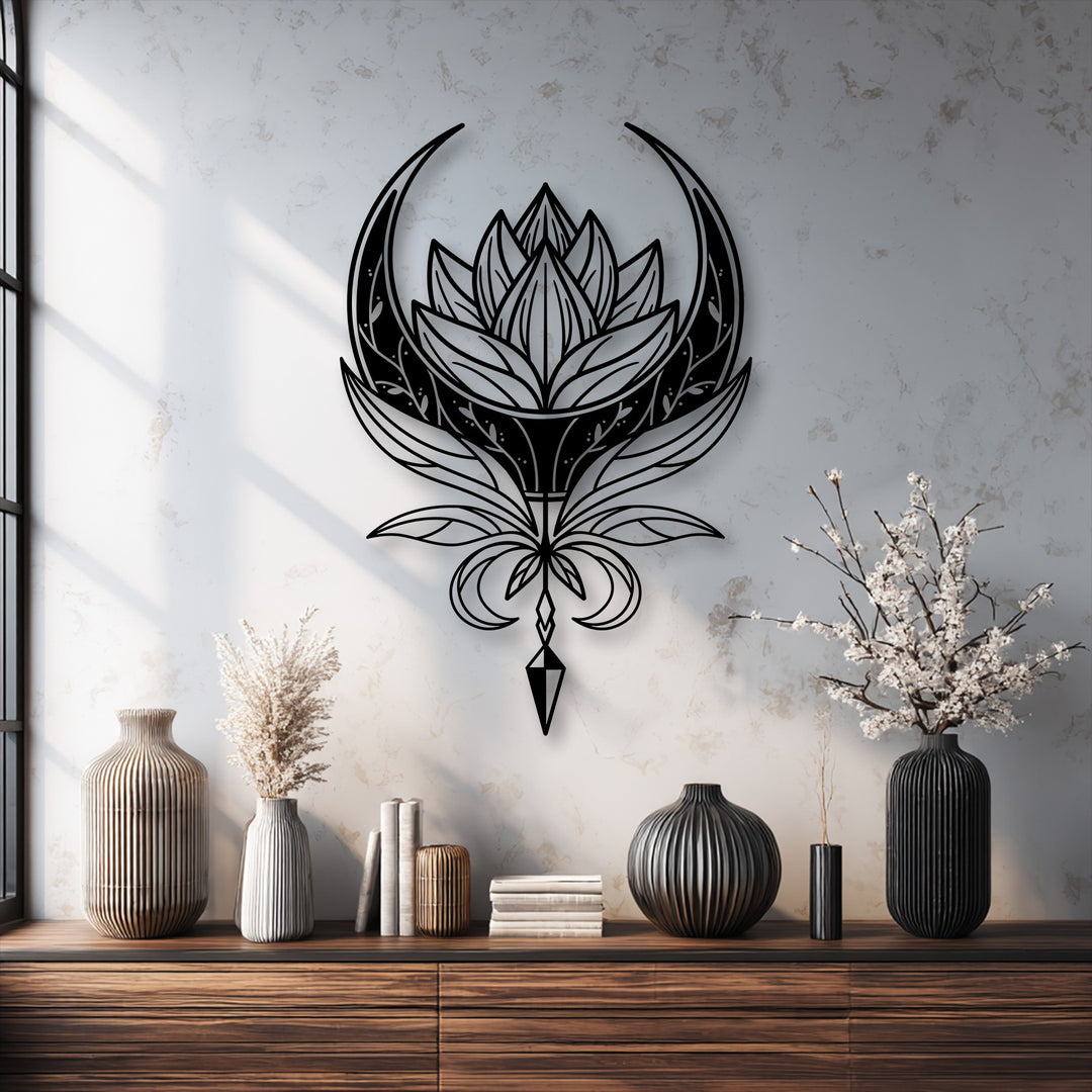 The distressed surface texture of the white wall provides a stark contrast to the sleek, dark Celestial Lotus Emblem metal art for wall.