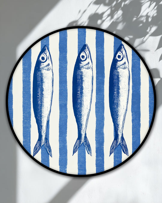 High-quality canvas art displays a blue coastal fish illustration with a nautical striped background, providing a durable and visually appealing print.