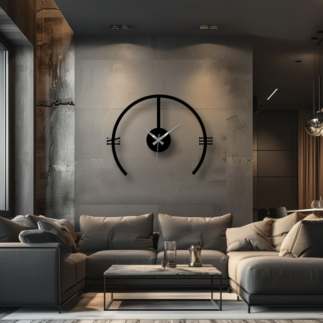 Horizontal, circular decoration wall art showcases a modern arch metal wall clock, a minimalist and contemporary statement piece.