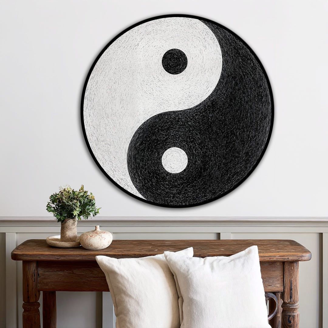 Balanced color temperature contrasts in this oil painting reproduction print of a Yin Yang minimalist round design, featuring warm white and cool black hues.