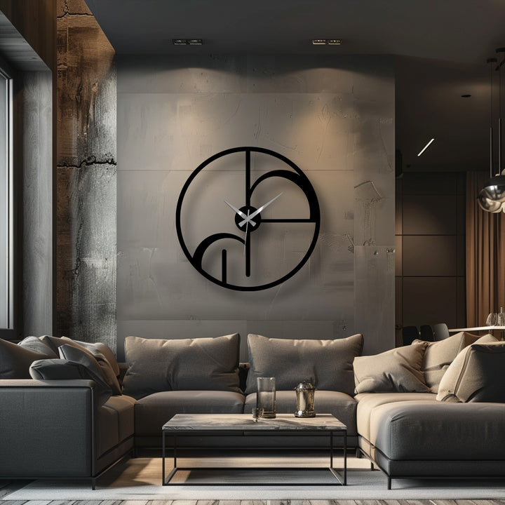 Behind the abstract geometric circle metal wall clock, the concrete-textured background adds an industrial touch, highlighting the unique metal wall art.