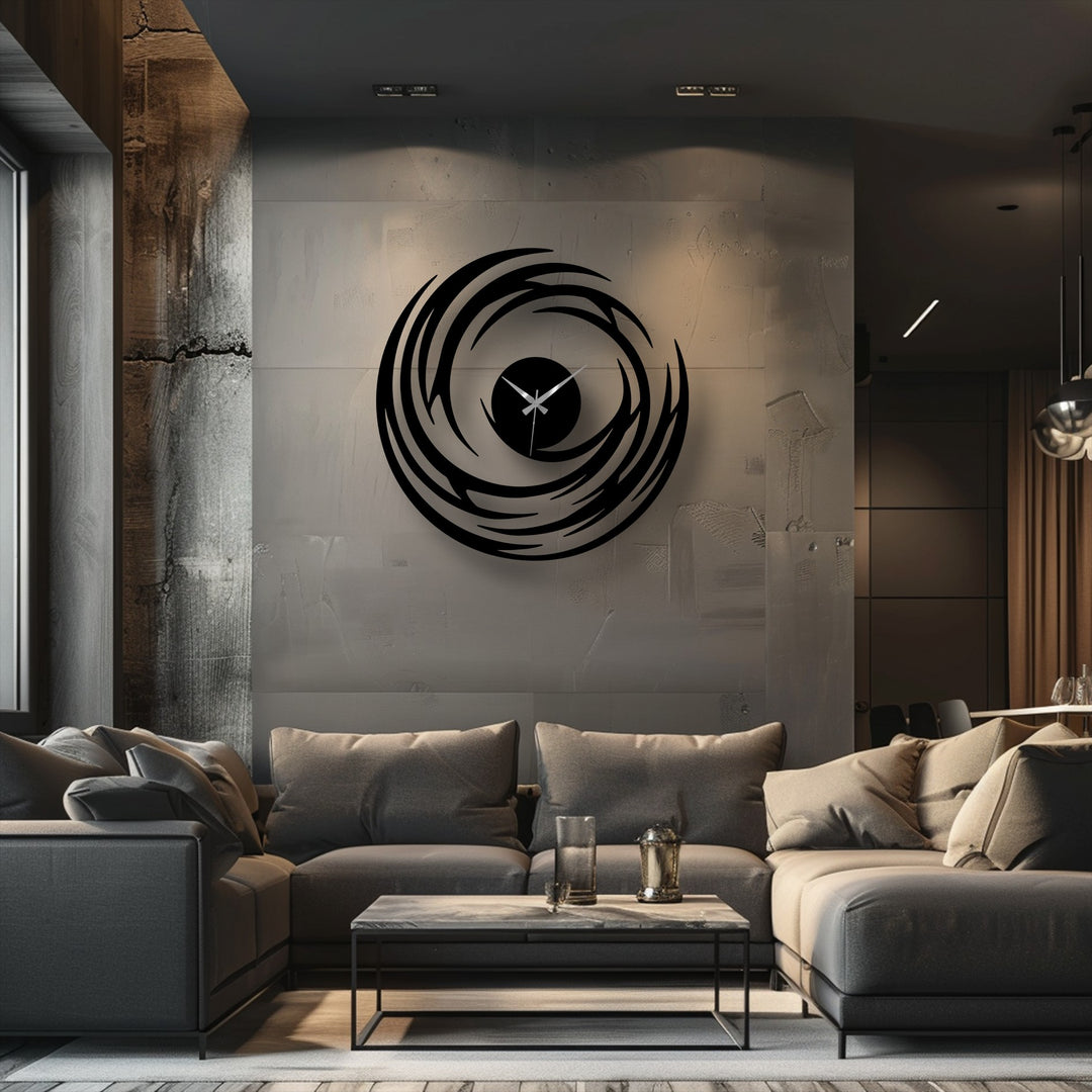 The layering effect of this abstract metal wall clock creates a dynamic, swirling design, enhancing the decorative metal art and lending a contemporary touch.