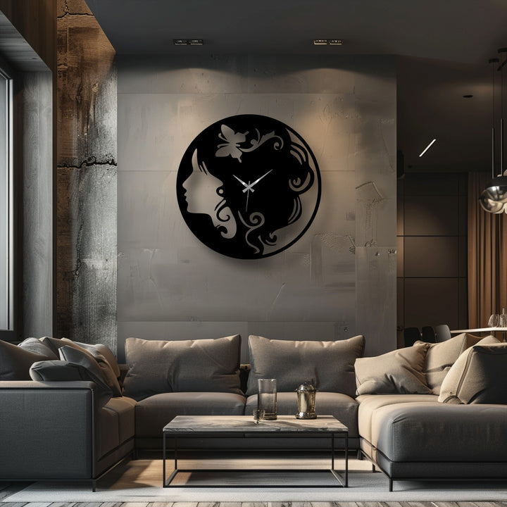 The finish of this elegant woman silhouette metal wall clock with a butterfly design is a sleek, matte black, perfect for decoration wall art.