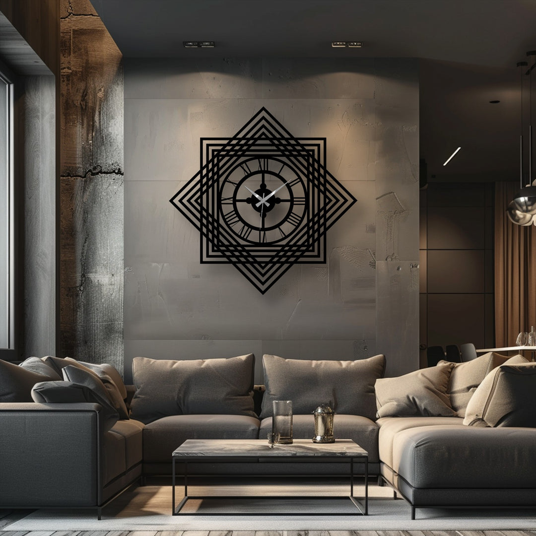 Subtle gradations in gray and brown highlight the geometric layered frame of the metal artwork wall clock, adding depth to the unique modern wall decor.