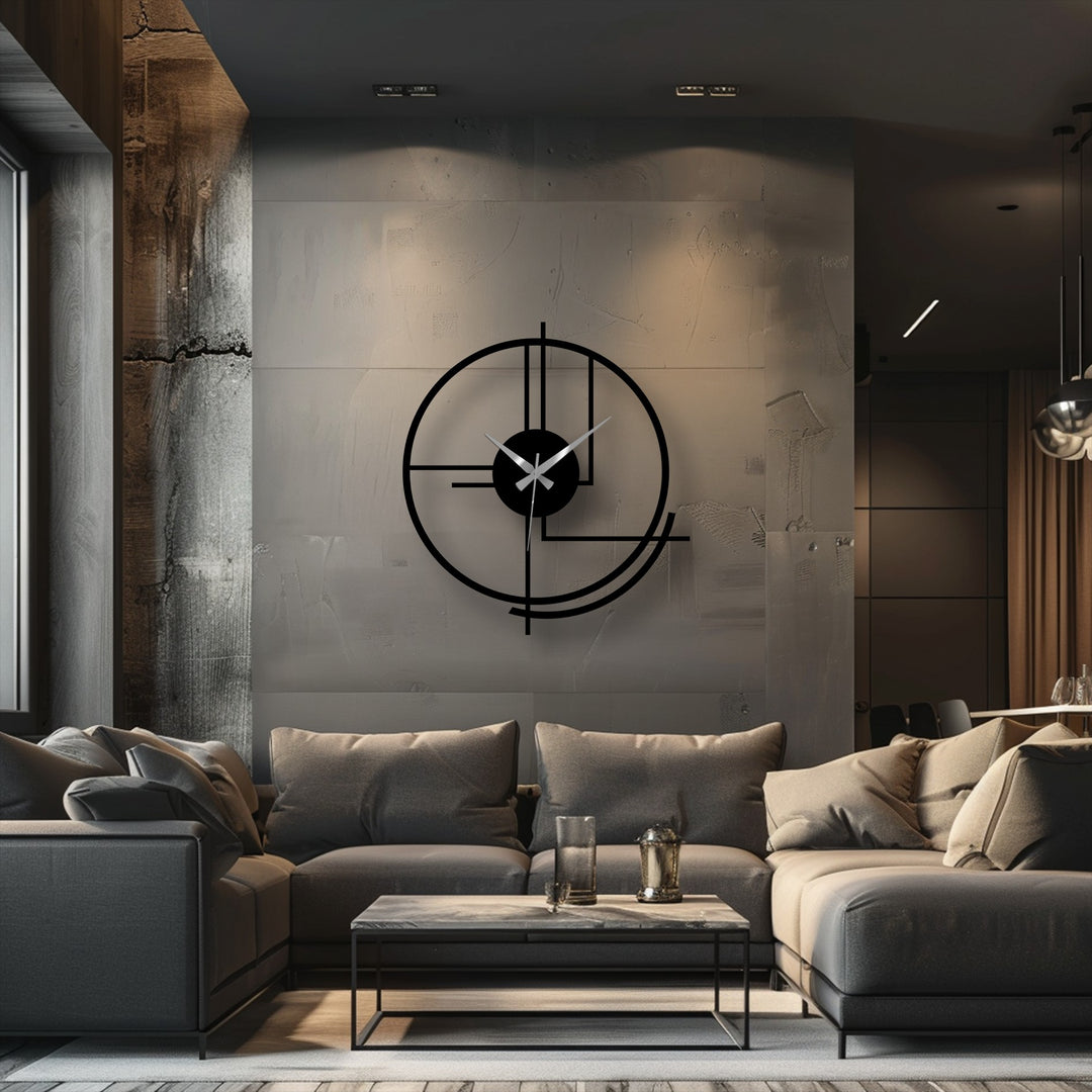 Highlighting the abstract quality, this modern circular metal wall clock showcases a stylish decoration wall art with bold geometric lines, creating a focal point.