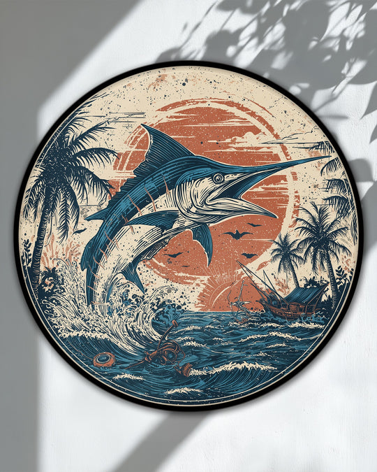 Depicting the darkest shadowed side of palm fronds, this vintage marlin ocean scene round canvas print showcases big canvas prints for coastal retro wall art.
