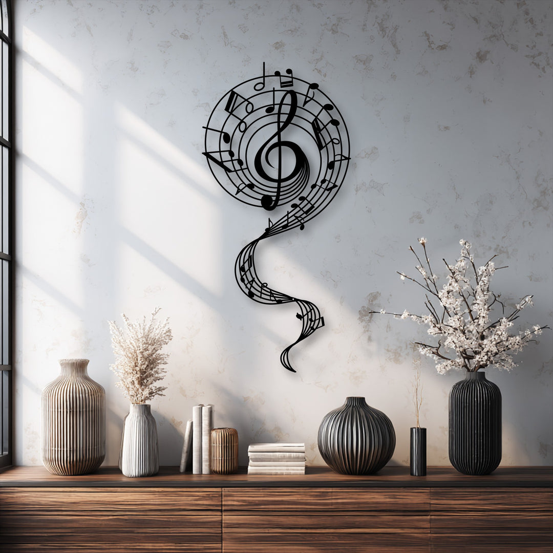 The precisely cut edges of the elaborate treble clef and flowing musical notes create a striking silhouette in this modern metal art for wall.