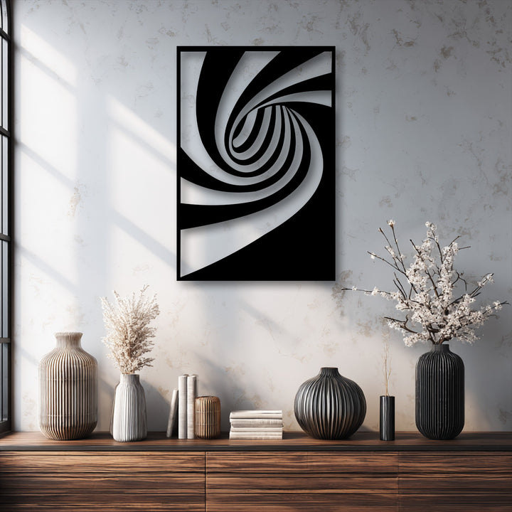 Stillness is embodied in the abstract spiral flow of this unique metal wall art, showcasing a modern geometric twist design.