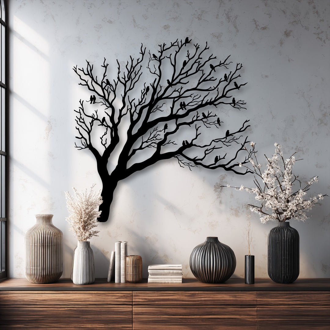 With subtly desaturated tones, this elegant Birds on Bare Tree Branches nature silhouette metal art for wall creates a refined visual impact.