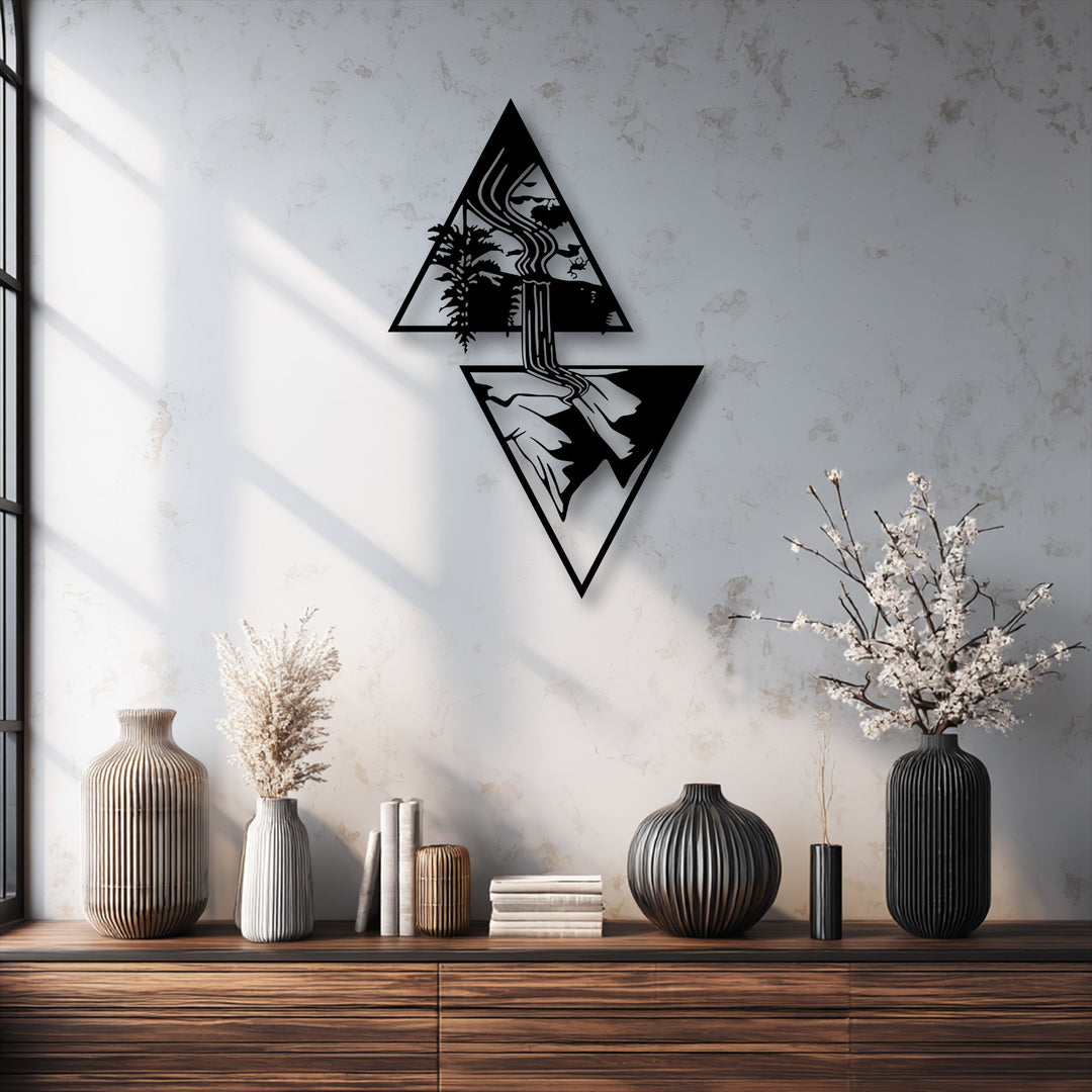 The varying color temperature highlights the intricate decorative metal art of a geometric waterfall, balancing warm sunlight with cool-toned decor.