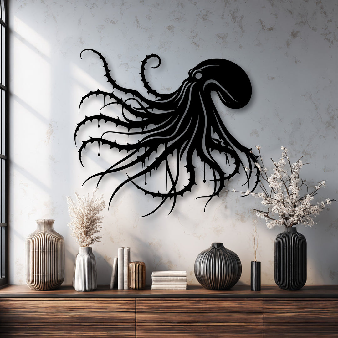 The stark white wall negative space dramatically frames the dark octopus unique metal wall art, emphasizing its gothic ocean design.
