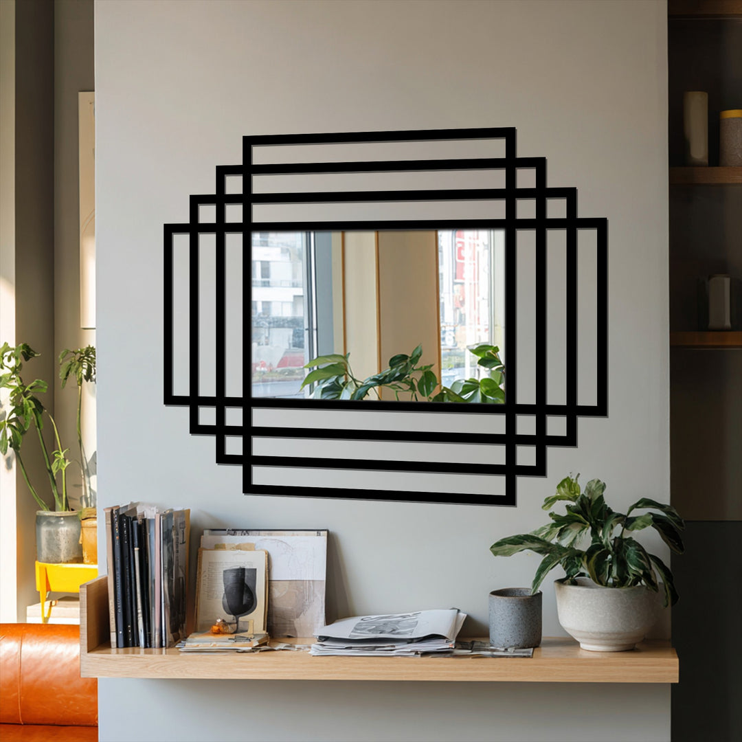 Crafted with a premium black metal finish, this symmetry grid mirror showcases superior material quality in its modern layered frame design, enhancing decorating with wall mirrors.