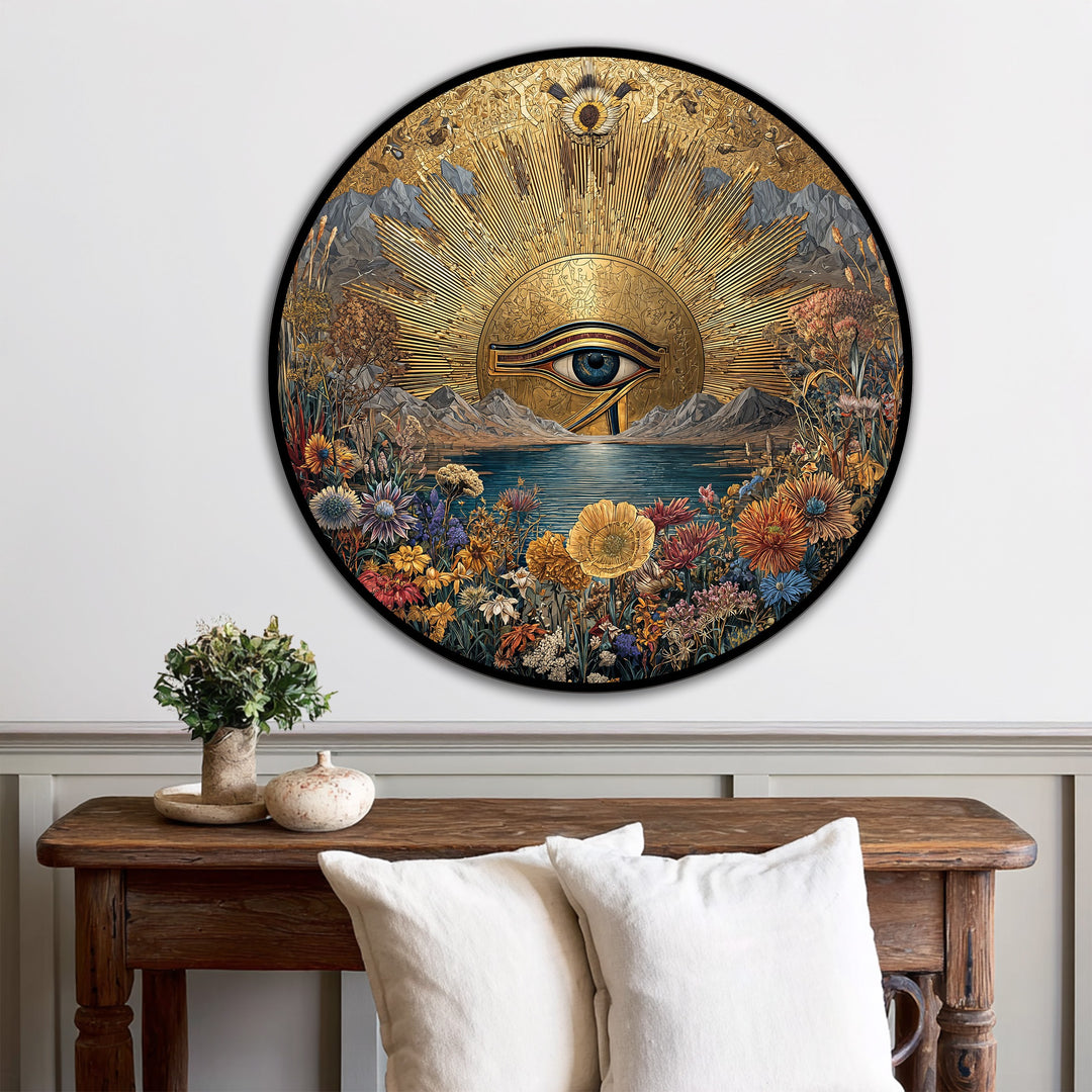 Masterfully crafted oil painting art piece reveals a sacred landscape with a golden horizon and intricate brushstrokes on a premium round wooden canvas.