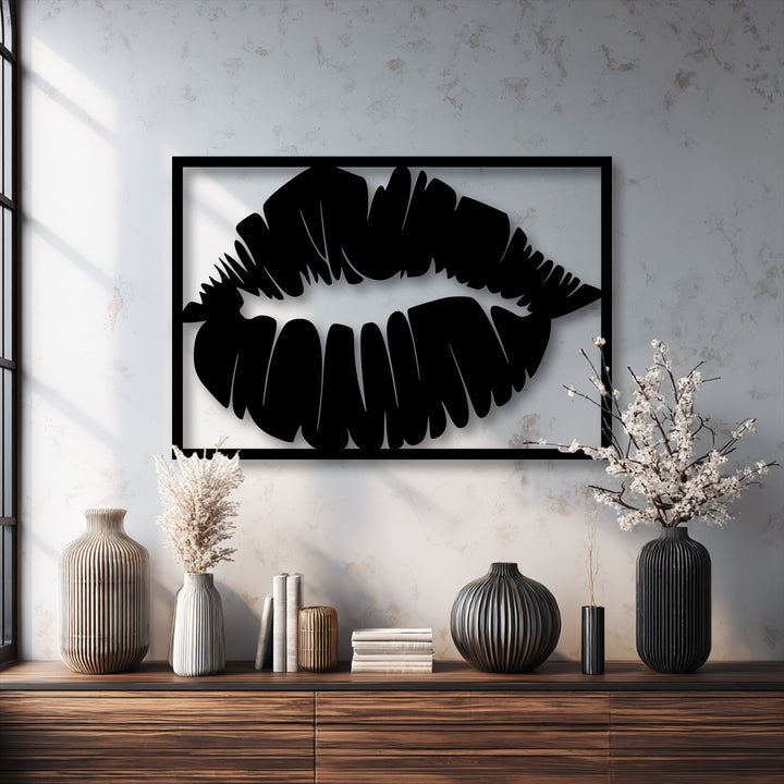 The visual rhythm of the bold kiss silhouette metal decoration wall art harmonizes with the ribbed vases and textured wall.