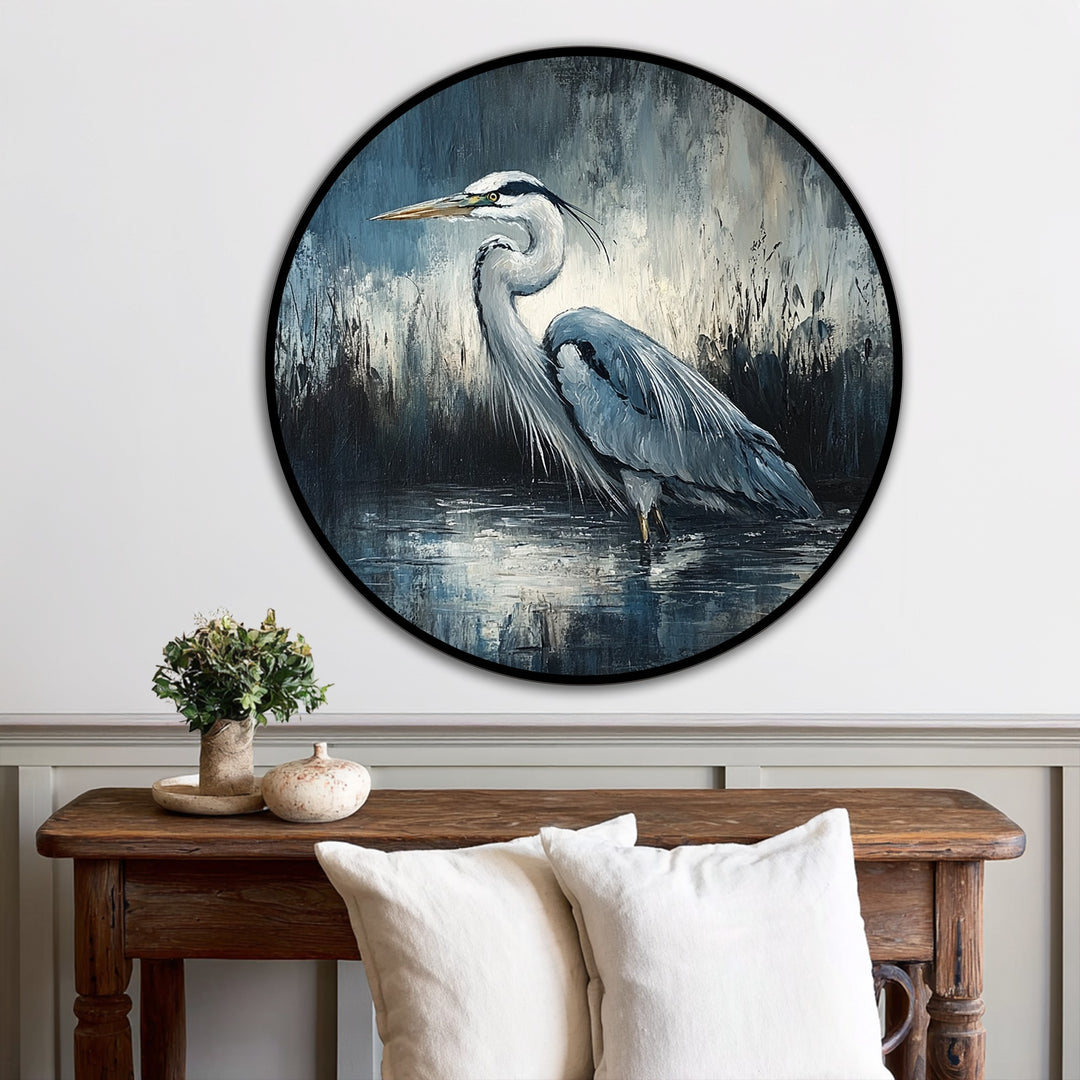 Silent Waters – Elegante garza redonda Cuadro al óleo