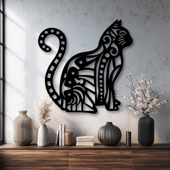 The visual rhythm of the ornamental cat silhouette, detailed with intricate patterns, creates a captivating flow for this unique metal wall art.