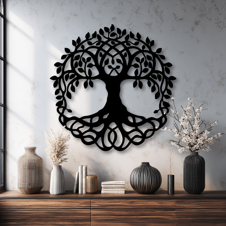 The darkest area showcases a striking Celtic Tree of Life decorative metal art, featuring intricate branches and roots.