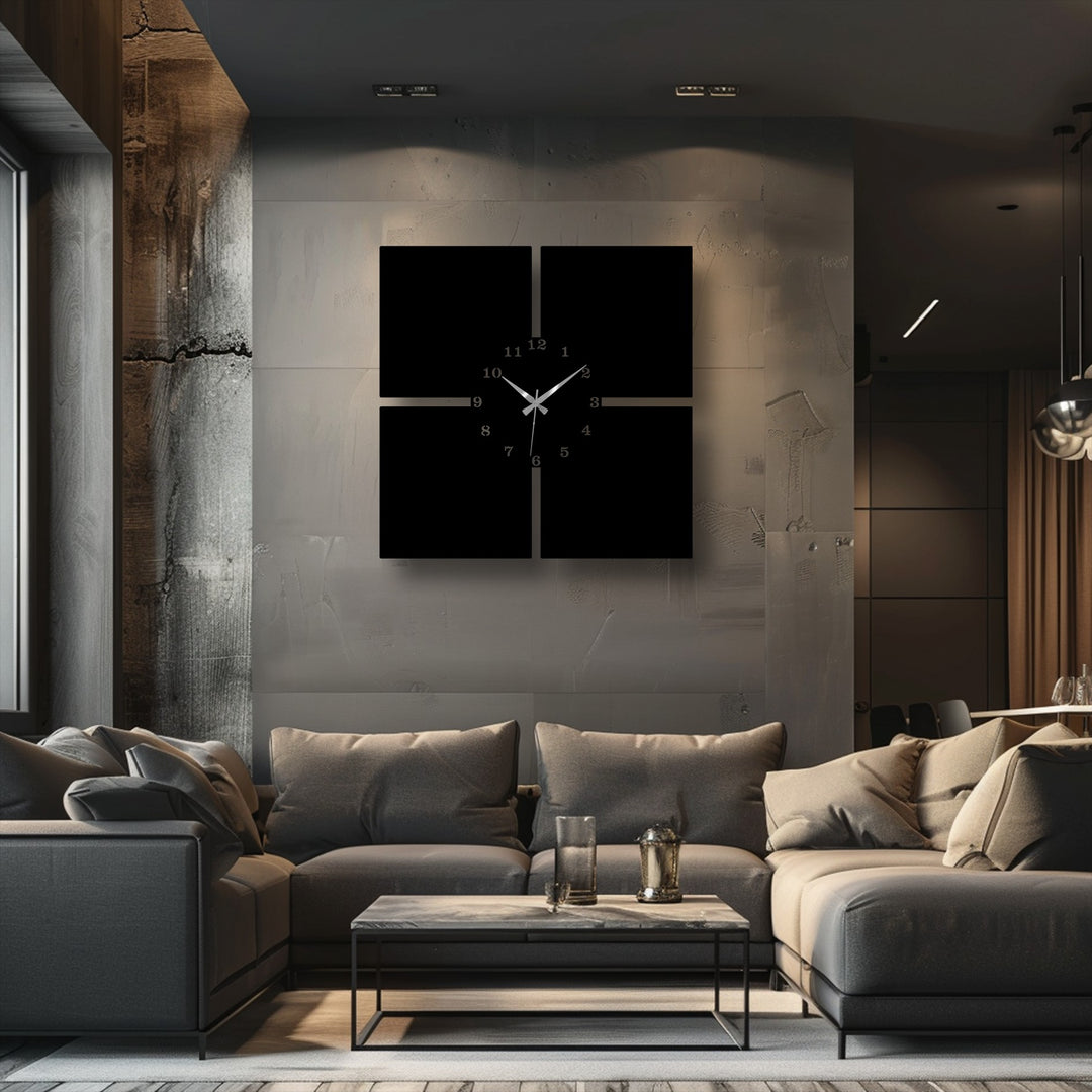 Organic forms of textured wall and distressed wood define the space surrounding the modern 4-piece metal artwork wall clock.