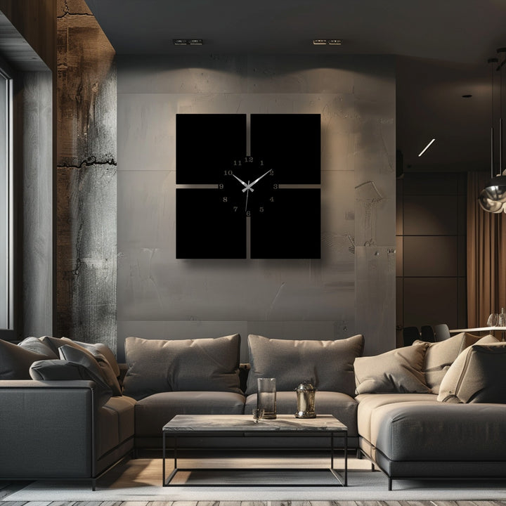 Organic forms of textured wall and distressed wood define the space surrounding the modern 4-piece metal artwork wall clock.