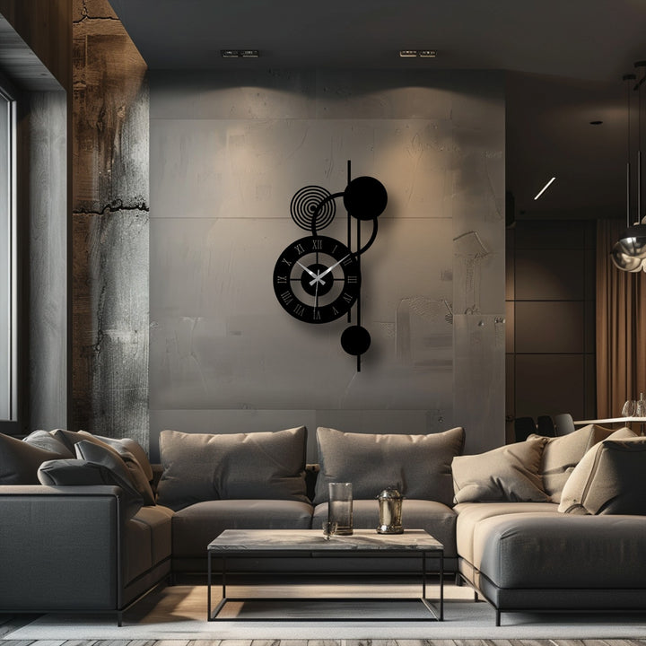 Realistic detail highlights the modern orbit Roman metal wall clock's abstract design, enriching the home decoration of a subtly textured living space.
