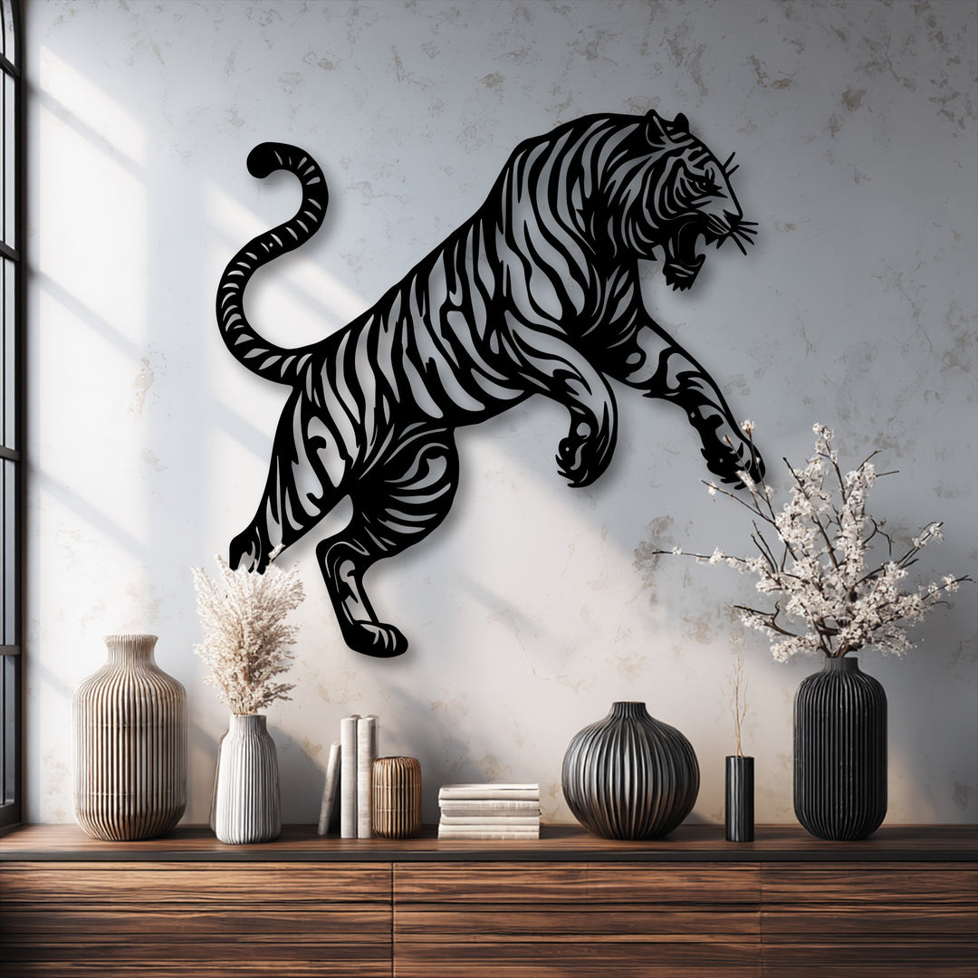 The stillness of the striking tiger silhouette, captured in this bold metal art for wall, brings a powerful frozen moment to any space.