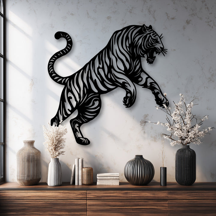 The stillness of the striking tiger silhouette, captured in this bold metal art for wall, brings a powerful frozen moment to any space.
