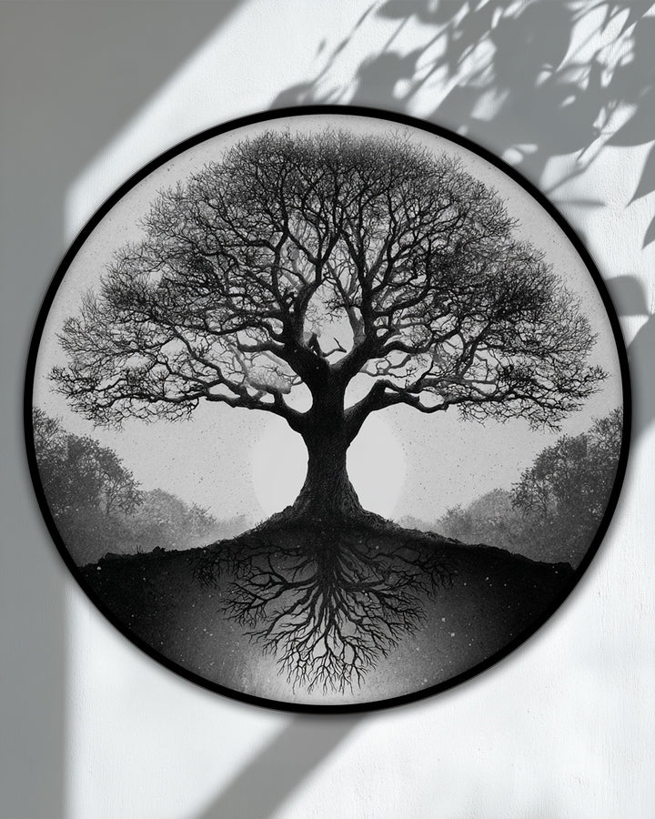Monochrome tree and root reflection is the loudest element in this striking round canvas art, a piece of nature canvas art, perfect as black and white wall art.