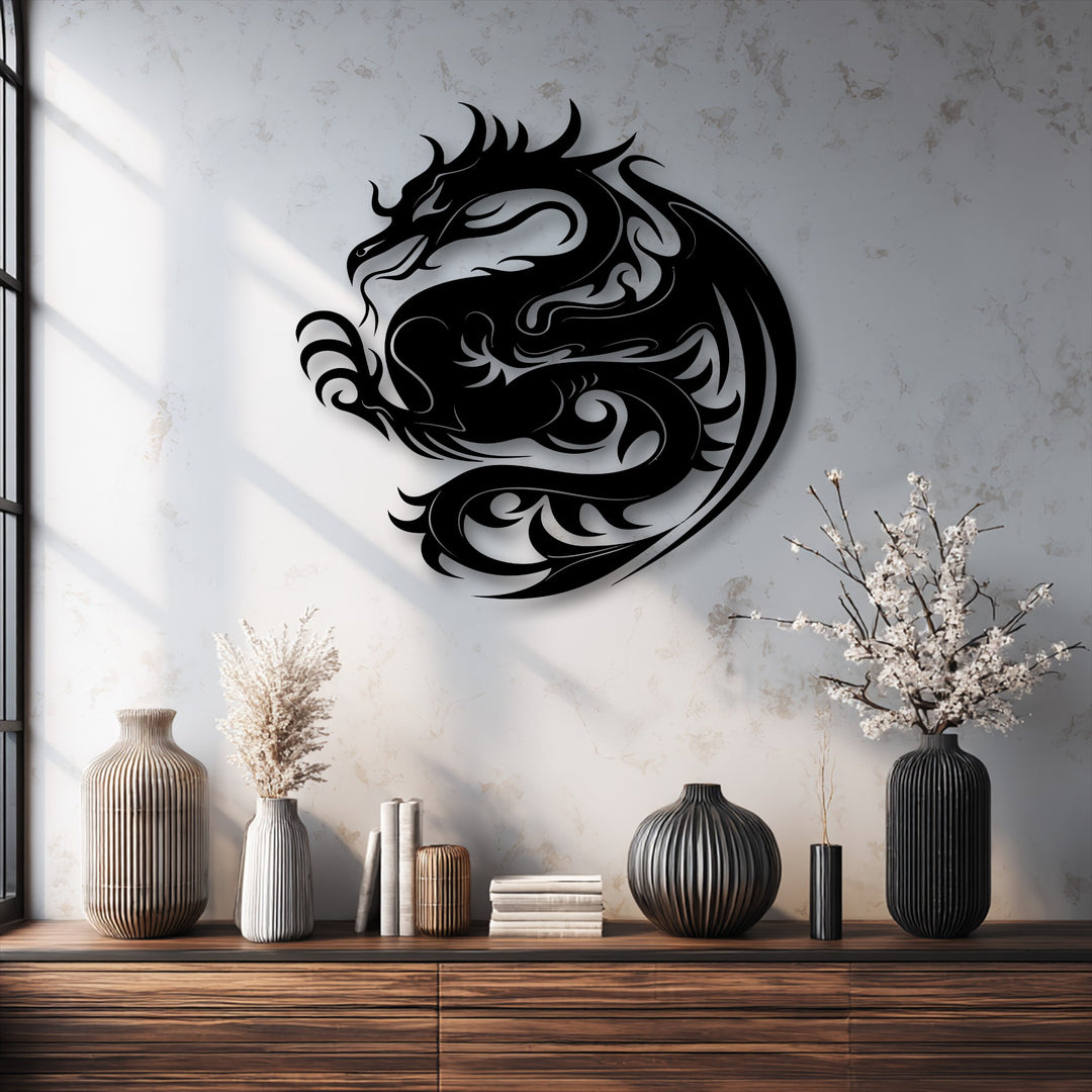 An elegantly captivating and serene mood is established by the intricate Celestial Dragon metal artwork.