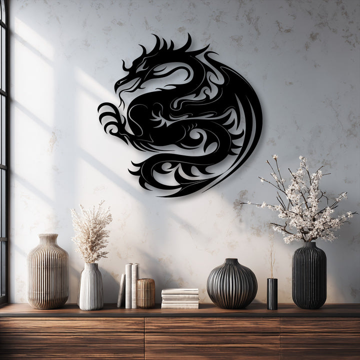 An elegantly captivating and serene mood is established by the intricate Celestial Dragon metal artwork.