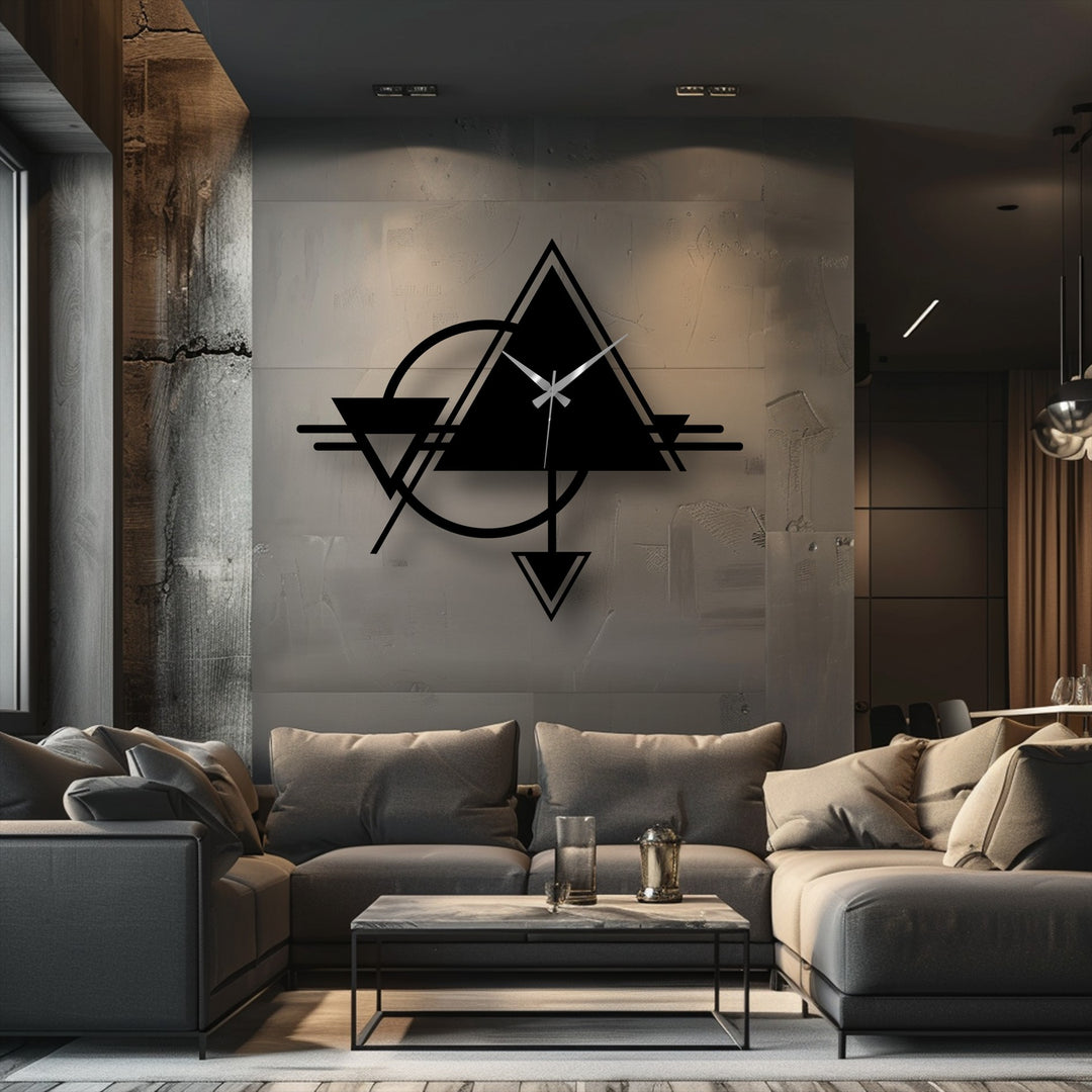 Foreground shows the modern abstract design of the geometric metal wall clock, a statement piece of metal wall decor with its triangle and circle shapes.