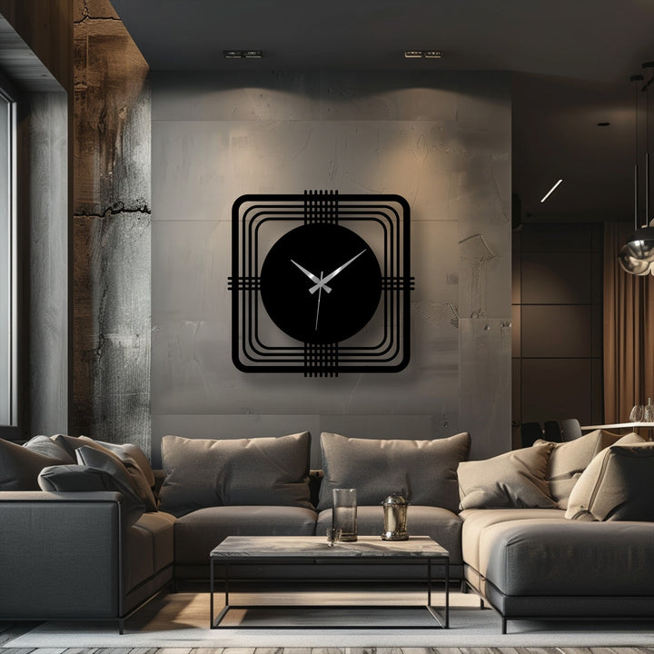 Featuring a matte black finish, the geometric square frame modern metal artwork wall clock adds a sleek, contemporary touch.