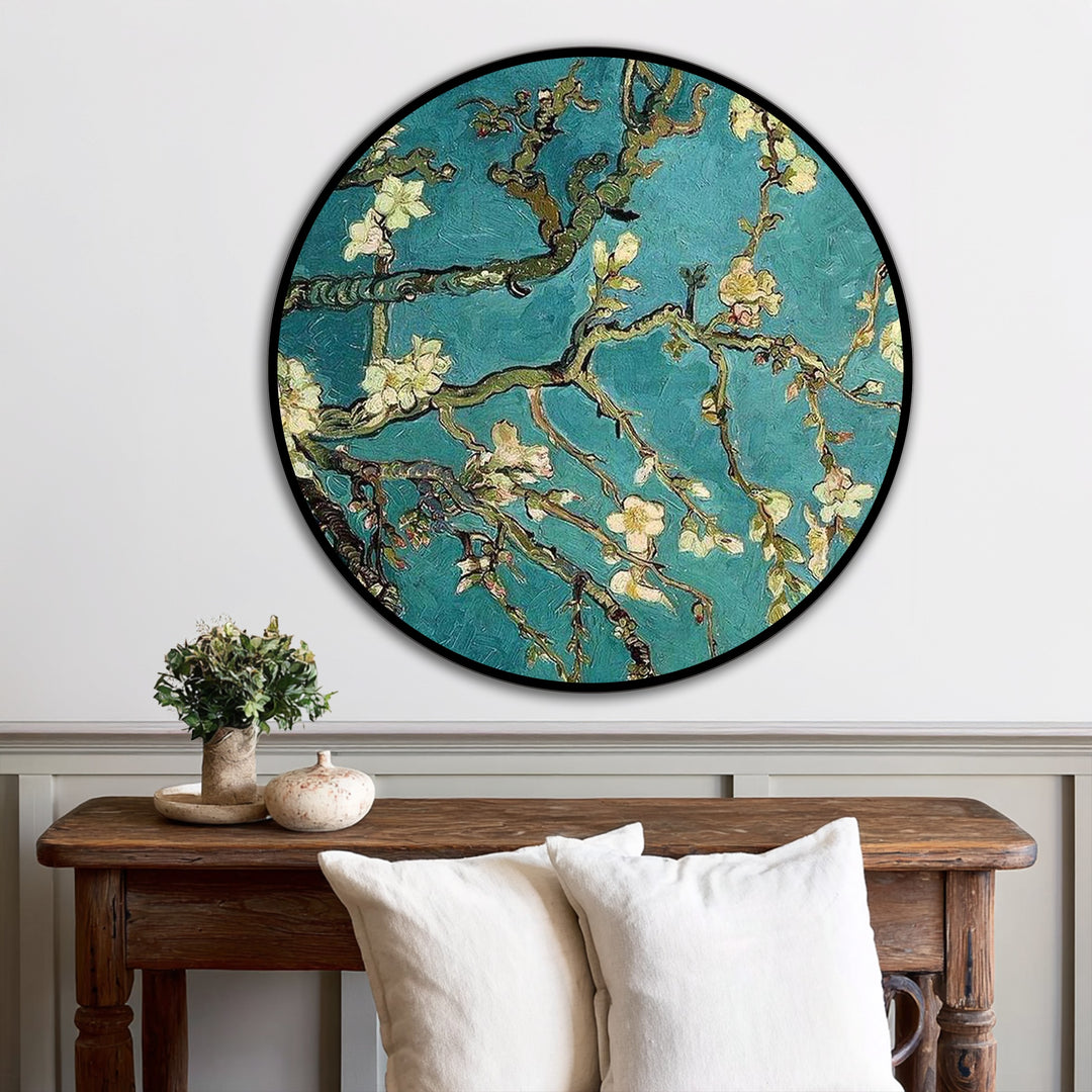 Finely textured brushstrokes exemplify the material quality of this blossoming almond branches round oil painting, offering a striking oil painting home decor accent.