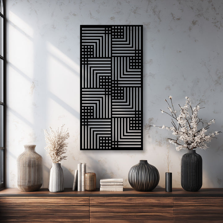 This high-quality metal wall art features a striking geometric rhythm and modern linear pattern, providing superior decoration wall art.
