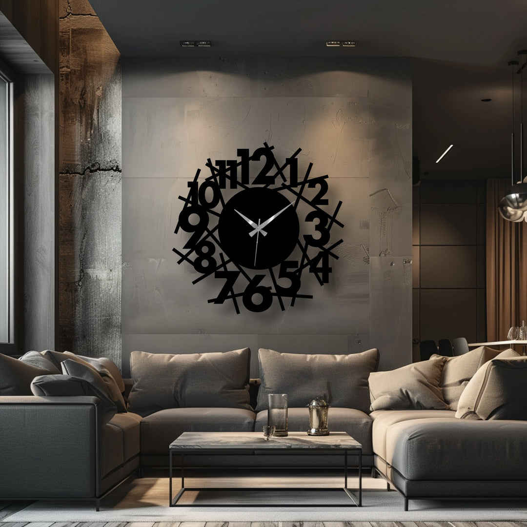 Horizontally oriented round decoration wall art features a metal modern wall clock with an abstract design and scattered numeric detailing.