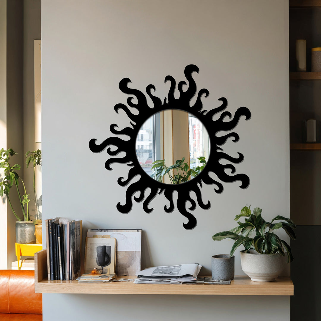 Flame Edge Round Decorative Wall Mirror – Modern Asymmetrical Mirror Wall Decor