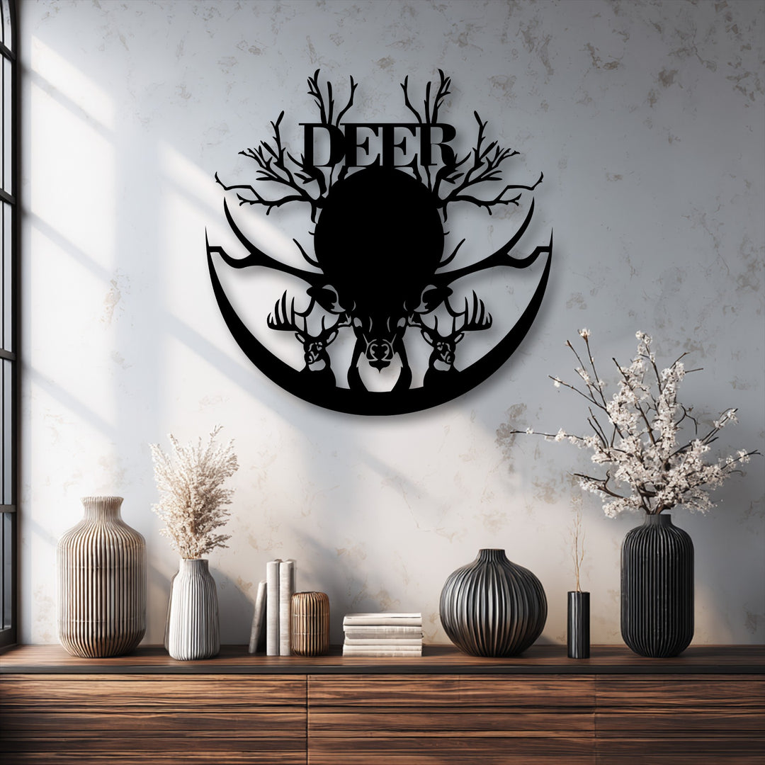 The delicate white blossoms in a dark vase subtly contrast the majestic deer antler silhouette metal art for wall.