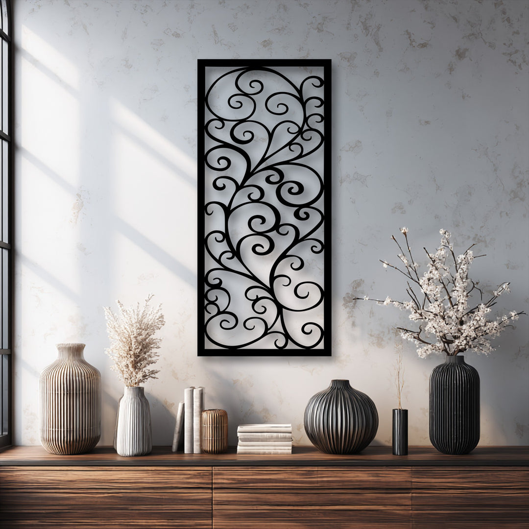 A tall, rectangular metal art for wall with an elegant scroll pattern and ornate swirl designs.