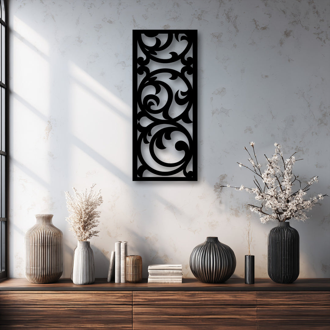 The visual rhythm of this ornate floral scroll metal art for wall is emphasized by its repetitive baroque-inspired panel design.
