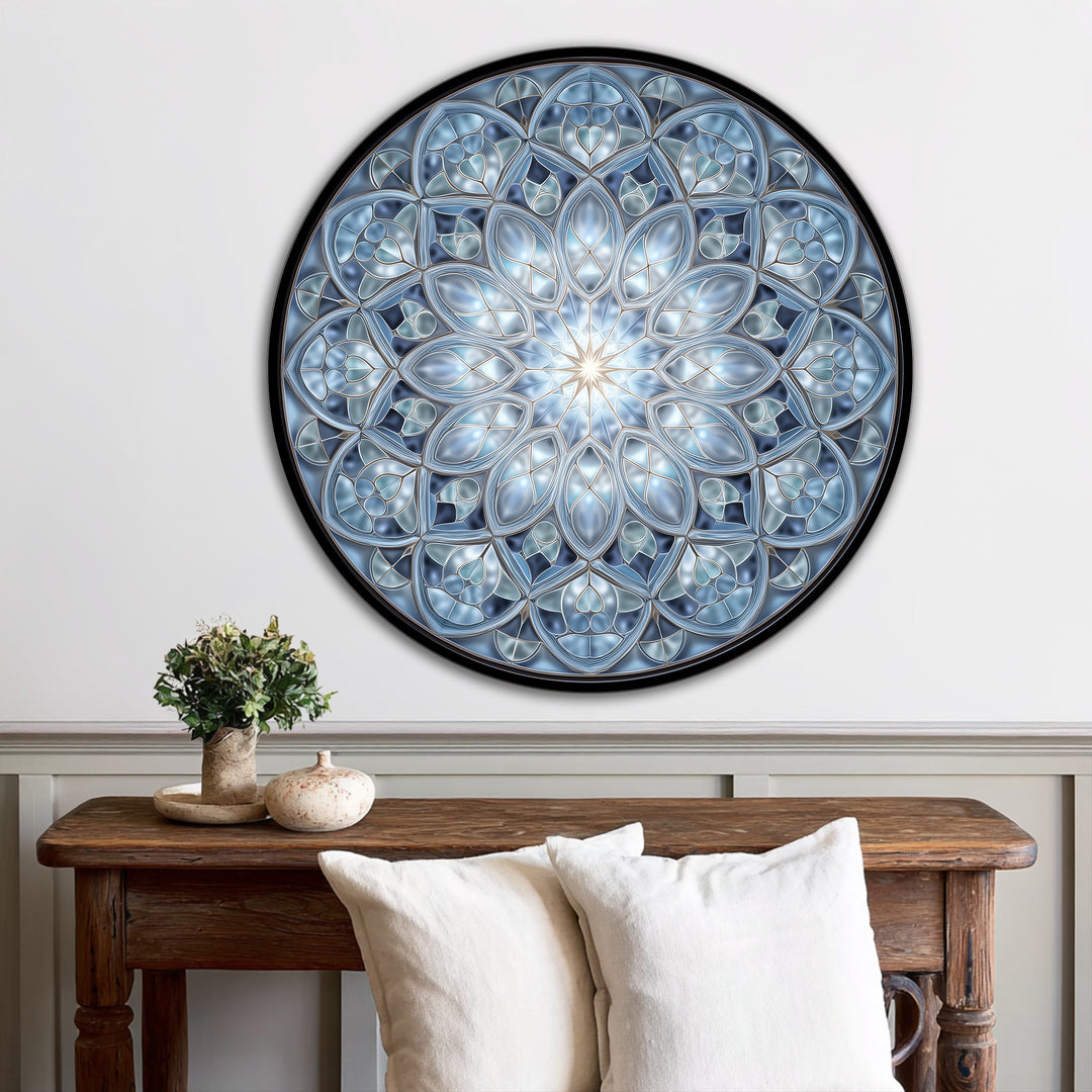Armonía Cristalina – Mandala Azul Redonda Cuadro al óleo sobre madera