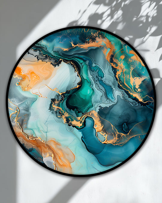Negative space accentuates the mesmerizing flow of emerald and gold in this round canvas painting, highlighting the teal abstract in modern wall art prints.