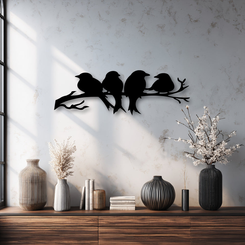 A dark wooden console table features ribbed vases, books, and dried botanicals, enhancing the modern decoration wall art.