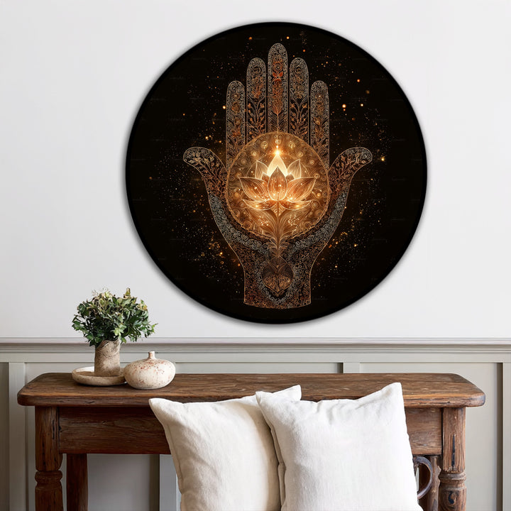 Organic hand forms cradle a radiant lotus in this luminous sacred illumination oil painting home decor, a beautiful blend of art and spirituality.