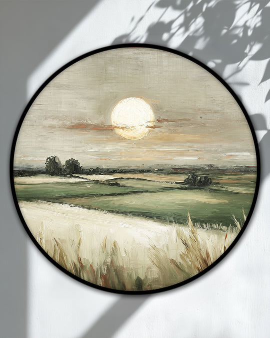 The brightest area highlights the radiant sun in this golden horizon countryside landscape round canvas print, offering premium canvas decor portraying a serene field.