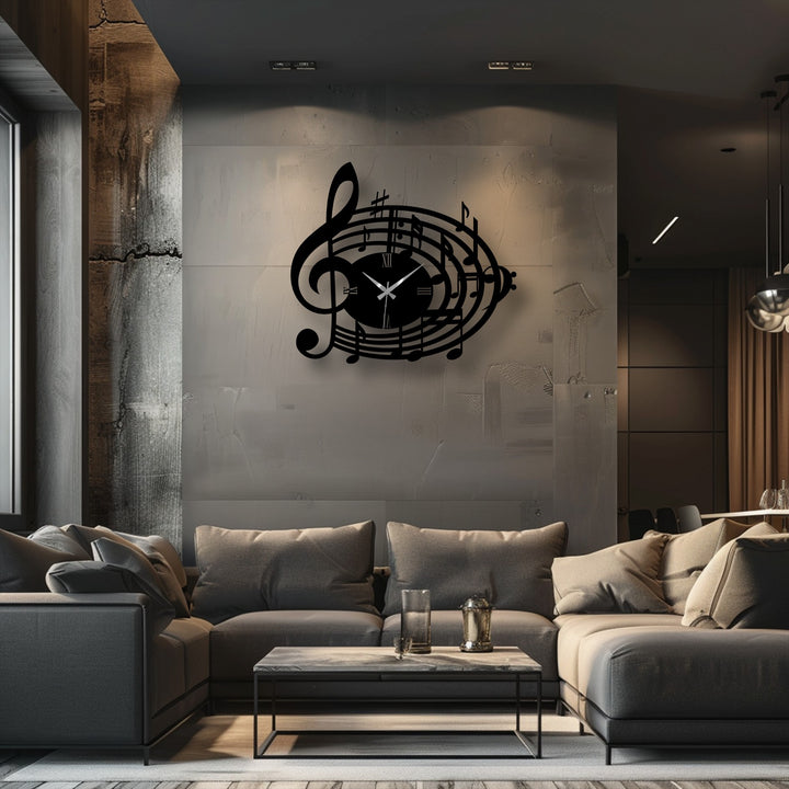 Showing the matte finish, the musical notes treble clef design appears as striking metal art for wall, adding a stylish, artistic touch with its silent mechanism.