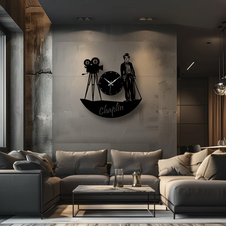 Showing the coarse surface texture of the unique metal wall art clock with a cinema character design, creating a vintage, film-inspired effect.