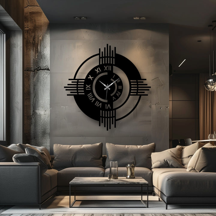 Highlighting the edge and borders of this modern geometric metal wall clock showcases its distinct metal art for wall design against a textured backdrop.