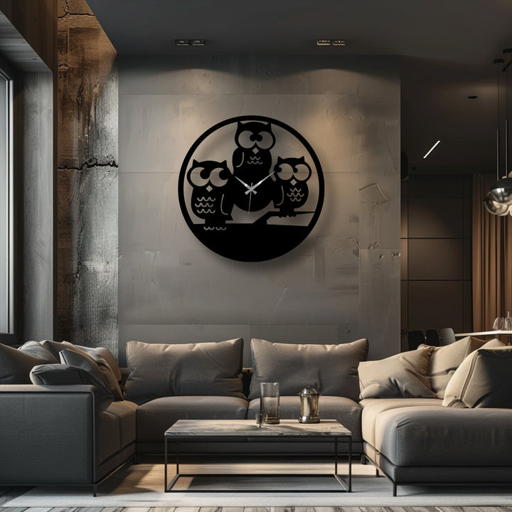 The exceptional material quality of this sleek, minimal nature Three Owls Silhouette Metal Wall Clock enhances the metal art for wall.