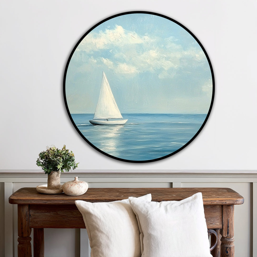 Hand-painted texture and brushstrokes highlight the excellent material quality of these oil painting art prints, depicting a minimalist sailboat floating on a serene sea.