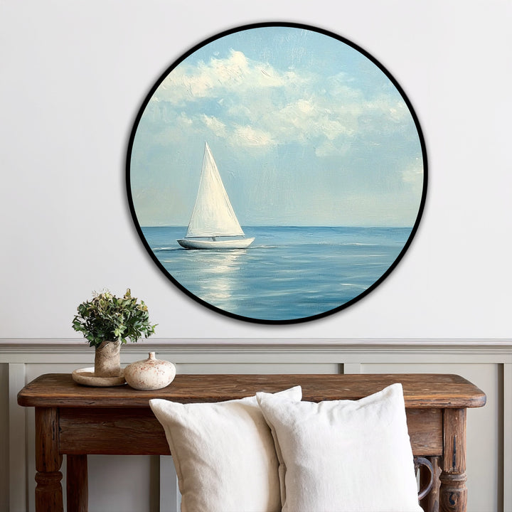 Hand-painted texture and brushstrokes highlight the excellent material quality of these oil painting art prints, depicting a minimalist sailboat floating on a serene sea.