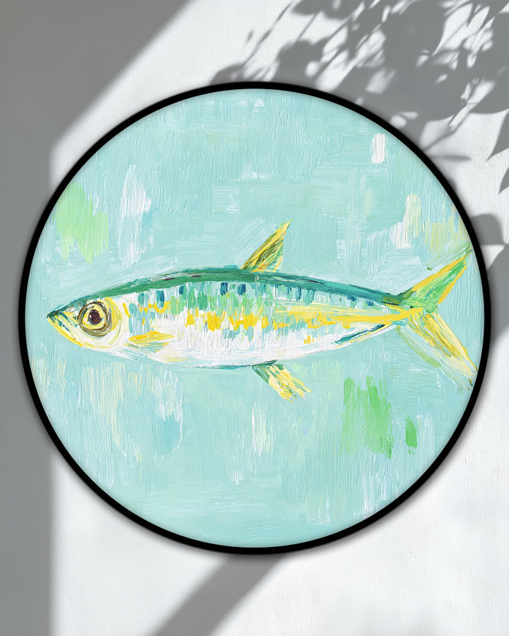 Striking color contrast highlights the beautiful canvas art of a pastel fish painting in a round coastal minimal wall art print.